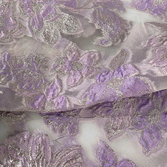 Metallic Floral Brocade Organza - Pale Violet/Silver