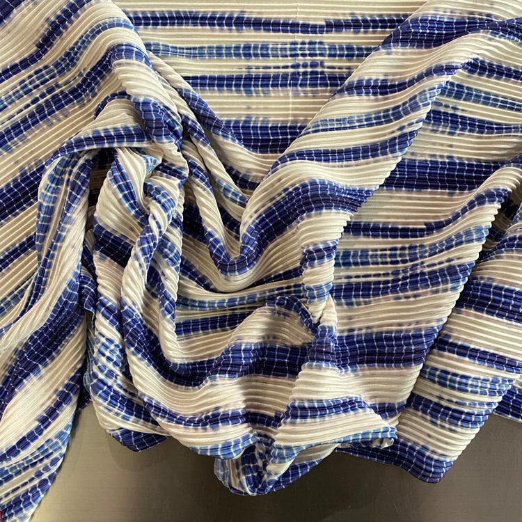 Shibori Stripe Satin Plisse - Cream/Blue