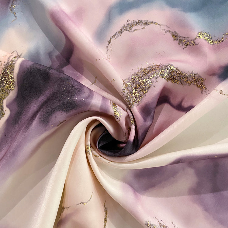 Rococo Marble Swirl Charmeuse - Steel Blue / Lavender / Gold