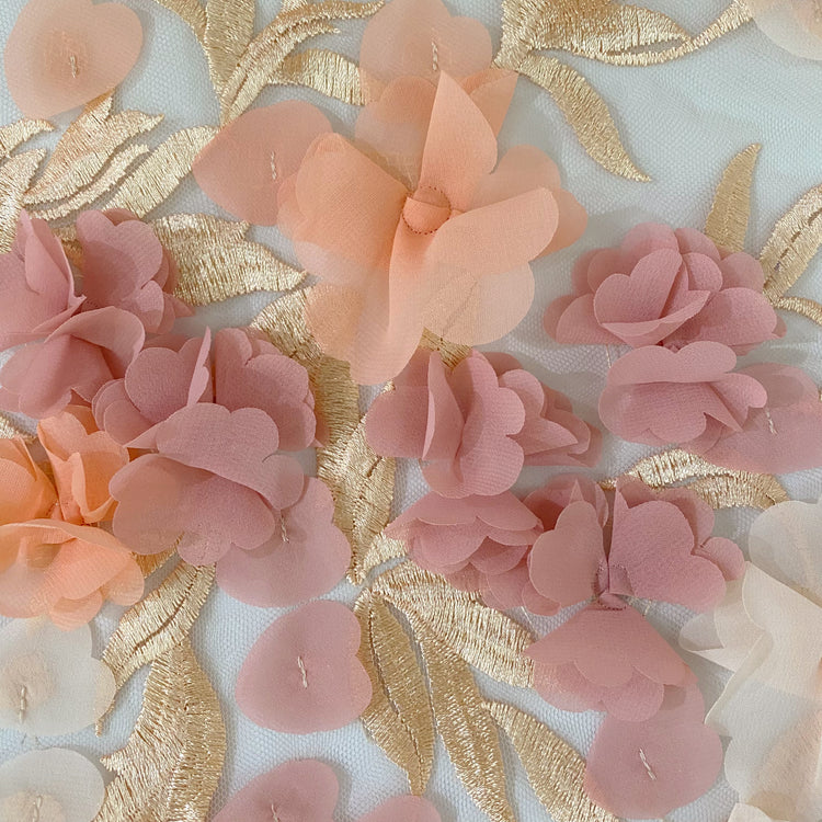 3D Rose Petal Embroidered Mesh - Salmon/Pink