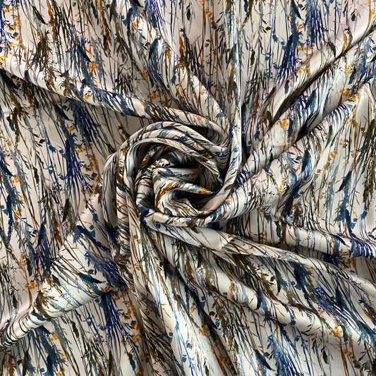 Painterly Wild Grass Stretch Silk Satin - White / Multicoloured