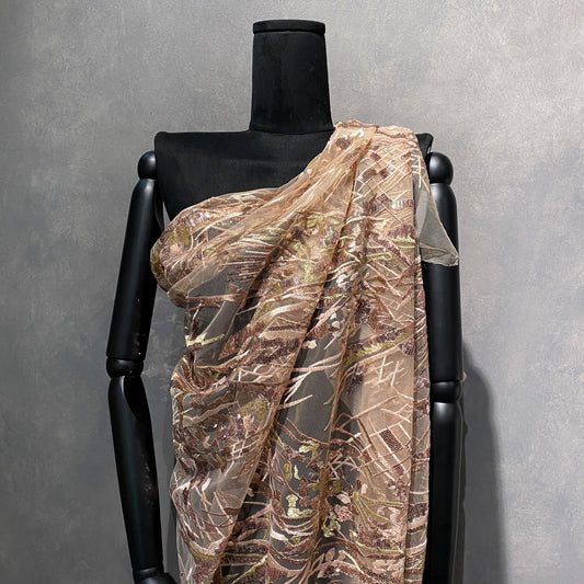 Abstract Trellis Embroidered/Sequin Tulle - Papaya Whip/Rosy Brown