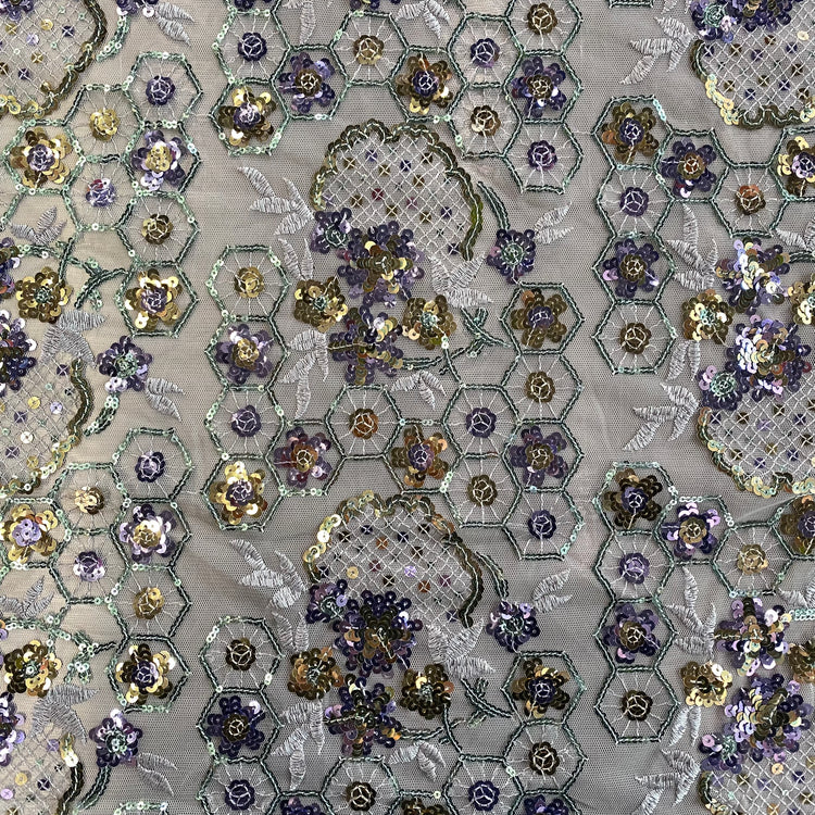 Geometric Floral Vine Sequined Tulle - Lavender/Pale Green