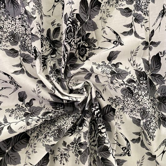 Rose & Swallow Cotton Lawn - Black/White