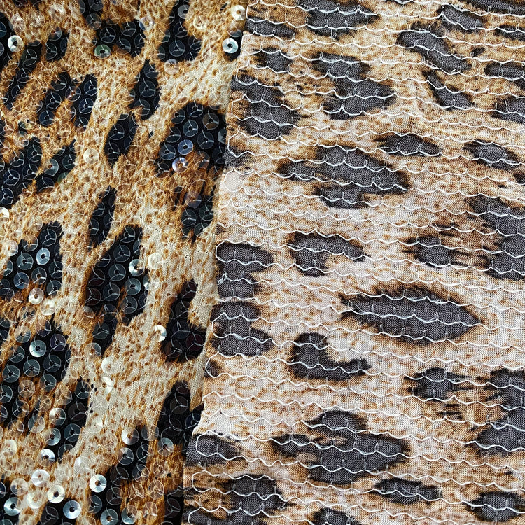 Sequinned Leopard Print Lycra/PET Jersey - Tan/Black