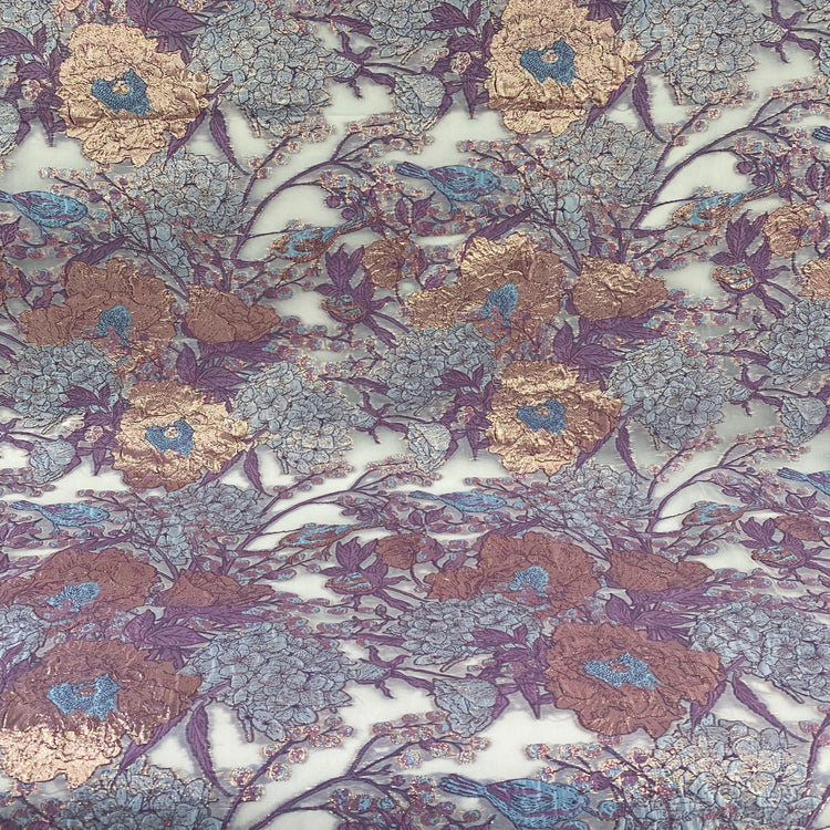 Metallic Floral/Birds Brocade Organza - Pale Violet/Air Blue