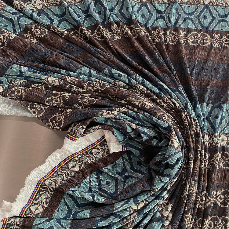 Ikat Woodgrain Plisse Satin - Turquoise / Umber / Cream