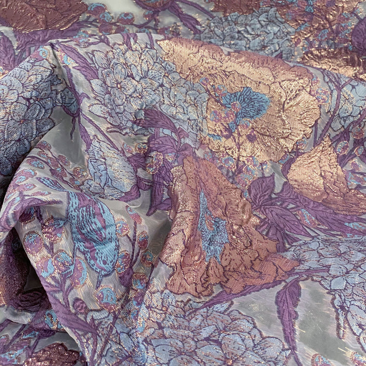 Metallic Floral/Birds Brocade Organza - Pale Violet/Air Blue