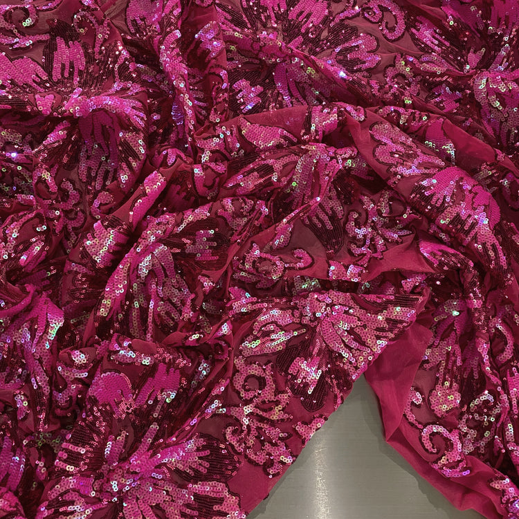 Baroque Hibiscus Sequin Embroidered Mesh - Holographic Pink / Fuchsia