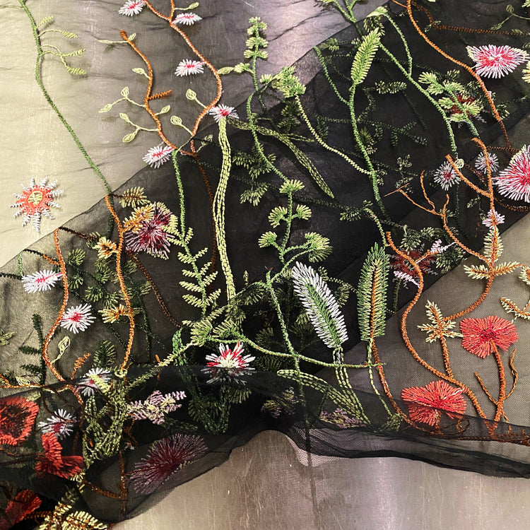 Wildflower Meadow Embroidered Tulle - Green/Black