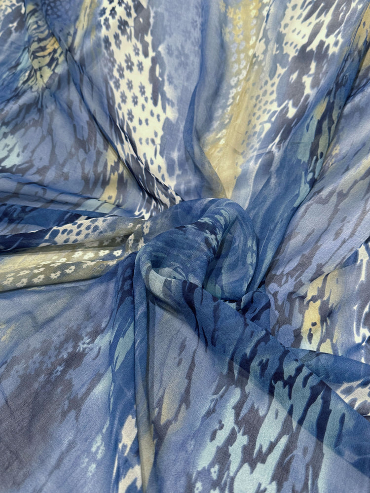 Floral River Current Silk Chiffon - Steel Blue/Pale Goldenrod