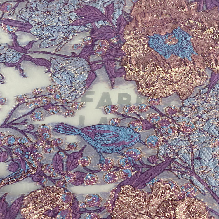 Metallic Floral/Birds Brocade Organza - Pale Violet/Air Blue