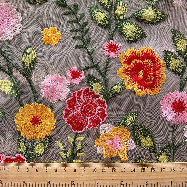 Garden Bouquet Embroidered Tulle - Pink / Forest Green