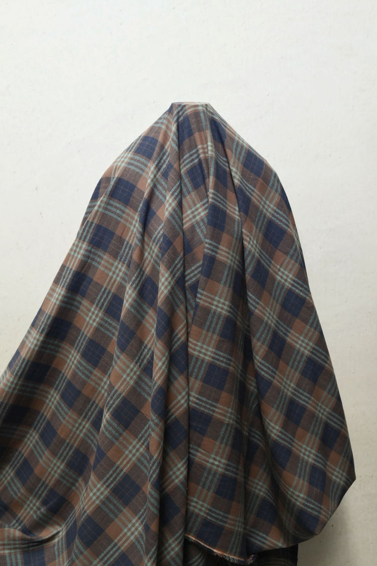 Herringbone Cotton Flannel Check - Midnight Blue/Saddle Brown