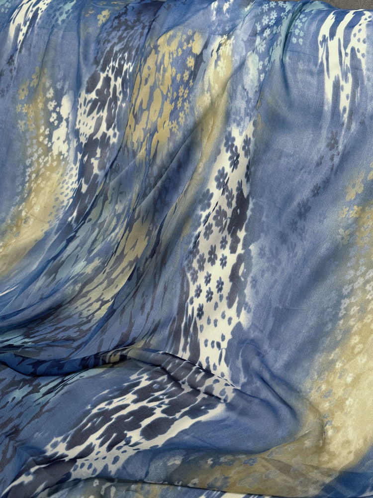 Floral River Current Silk Chiffon - Steel Blue/Pale Goldenrod