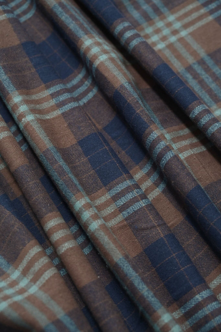 Herringbone Cotton Flannel Check - Midnight Blue/Saddle Brown