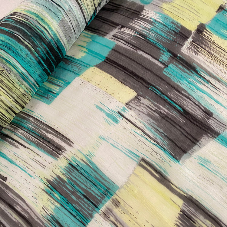 Brushstroke Squares Sheer Silk Chiffon - Aqua/Black