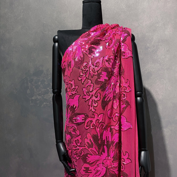 Baroque Hibiscus Sequin Embroidered Mesh - Holographic Pink / Fuchsia