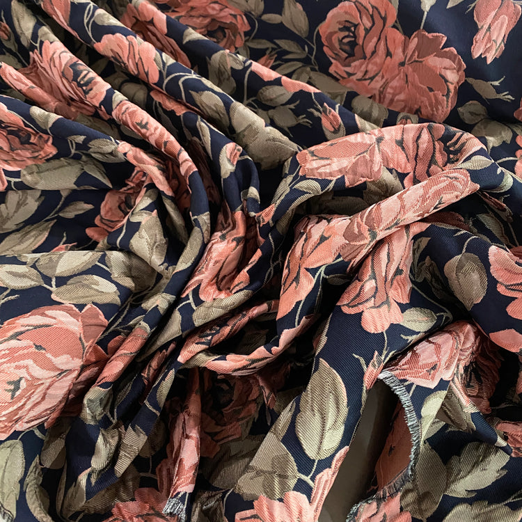 Winter Rose Cloqué Brocade - Pink / Tan / Navy