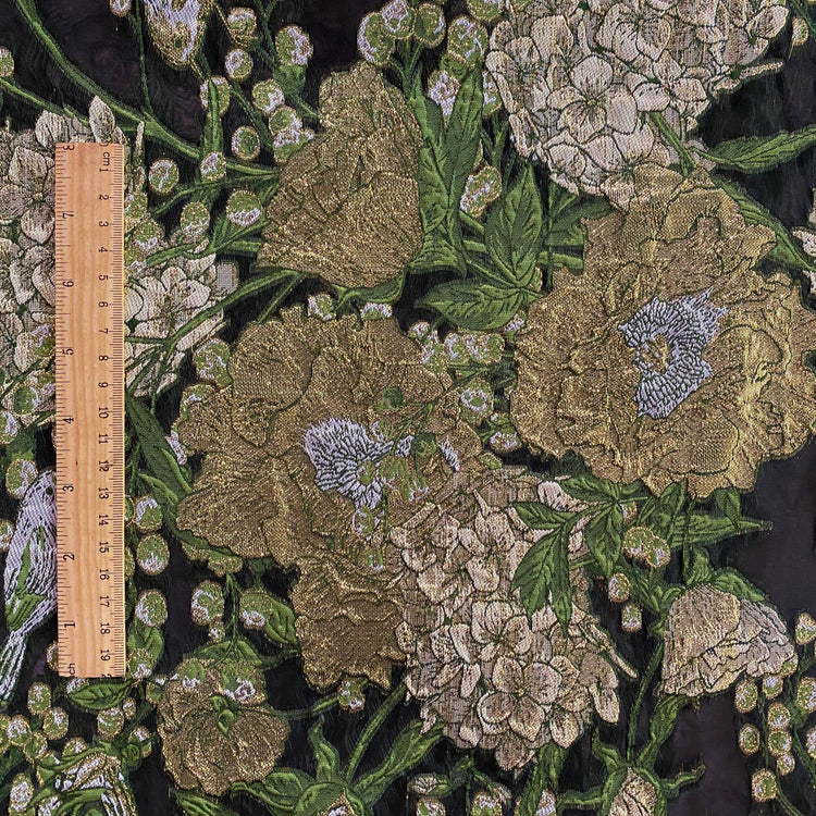 Metallic Floral/Birds Brocade Organza - Light Green/ Black