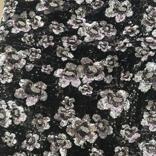 Floating Flowers Sequinned/Beaded Crepe - Black/Silver