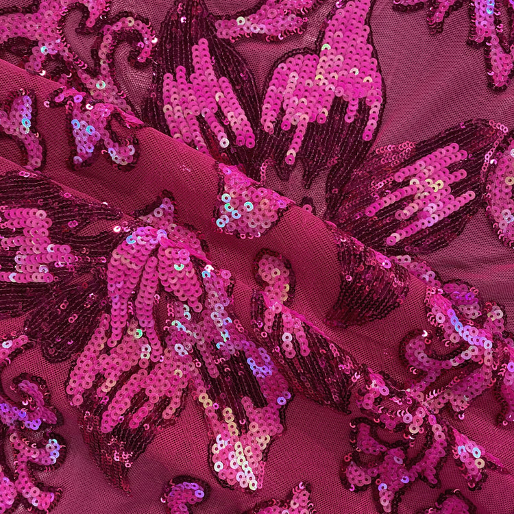 Baroque Hibiscus Sequin Embroidered Mesh - Holographic Pink / Fuchsia
