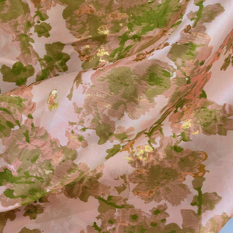 Large Flower Blossom Motif Brocade - Metallic - Pale Pink/Gold/Green