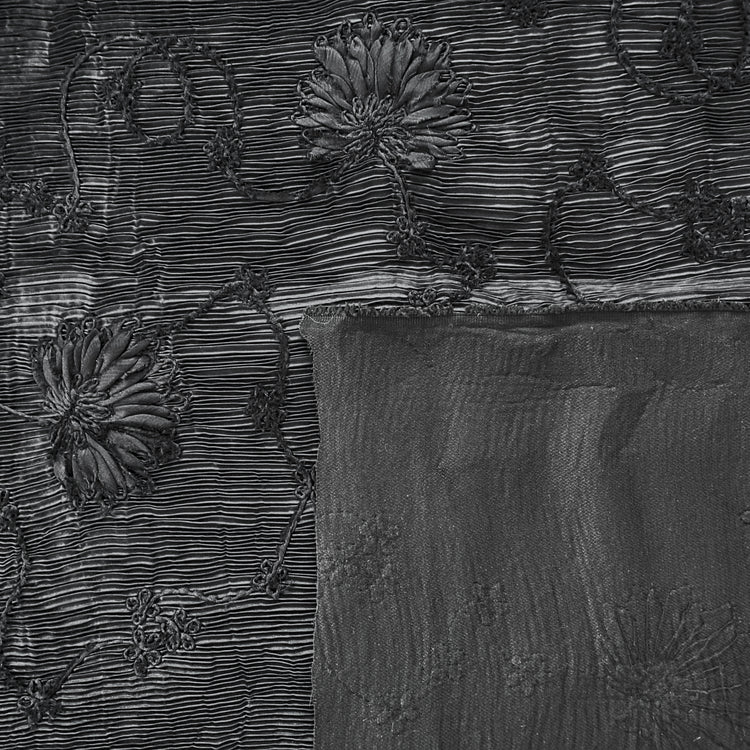 Bonded Plisse with 3D Floral Embroidery - Black