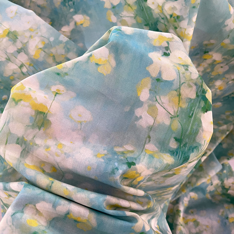 Dreamy Watercolour Blossoms Cotton Lawn - Pale Aqua/Yellow