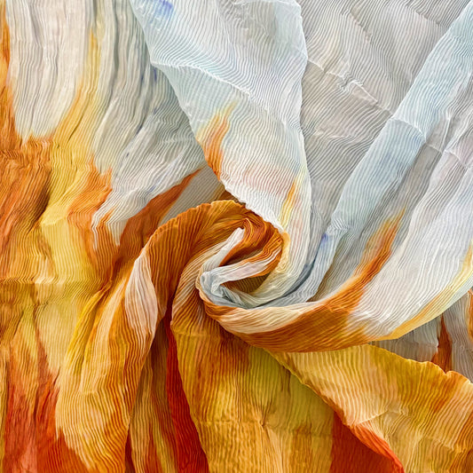 Flame Print Chiffon Plisse - Orange/Powder Blue