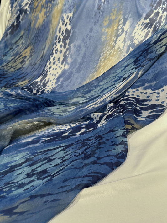 Floral River Current Silk Chiffon - Steel Blue/Pale Goldenrod