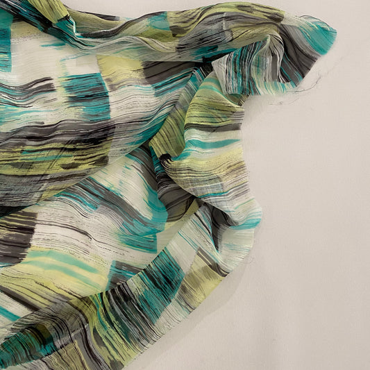 Brushstroke Squares Sheer Silk Chiffon - Aqua/Black