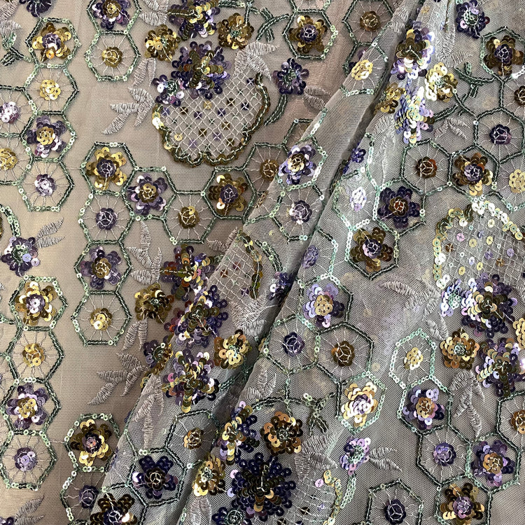 Geometric Floral Vine Sequined Tulle - Lavender/Pale Green