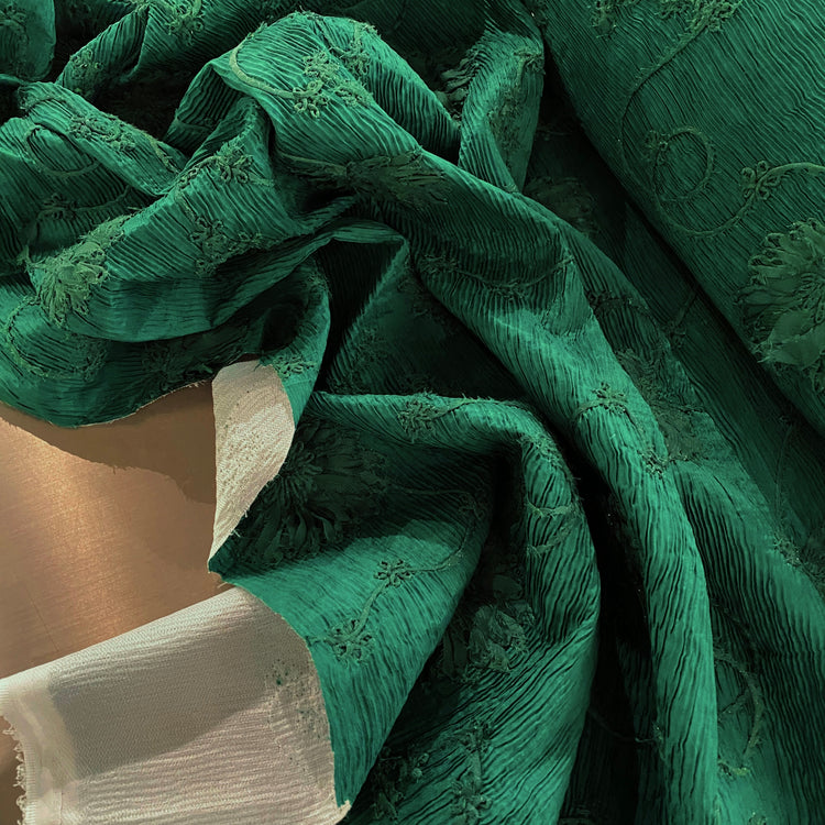 Bonded Plisse with 3D Floral Embroidery - Green / Olive Drab