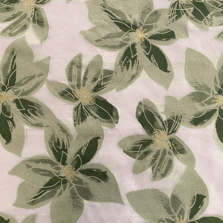 Tropical Flower Organza Jacquard - Light Green / White / Metallic Gold