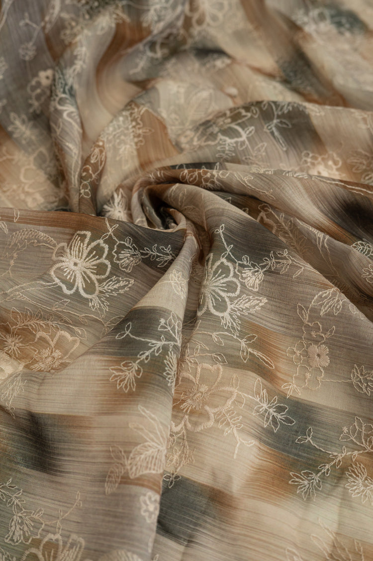 Chilli Flower & Leaf - Embroidered Cotton Voile - Olive/Cornsilk