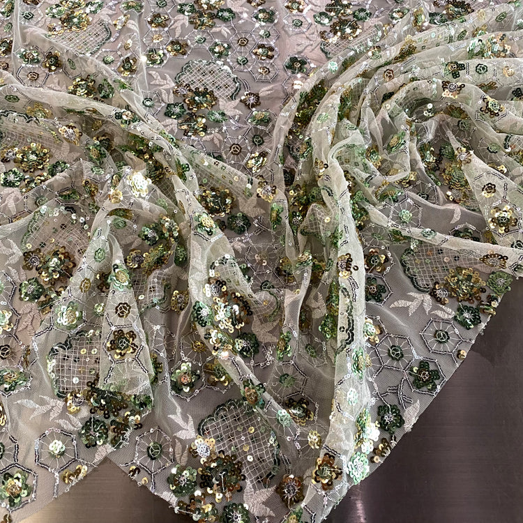 Geometric Floral Vine Sequined Tulle - White/Sea Green