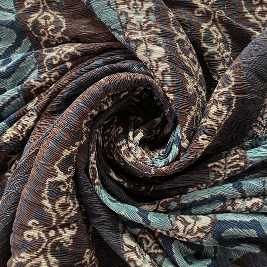 Ikat Woodgrain Plisse Satin - Turquoise / Umber / Cream
