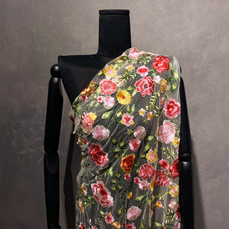 Garden Bouquet Embroidered Tulle - Pink / Forest Green