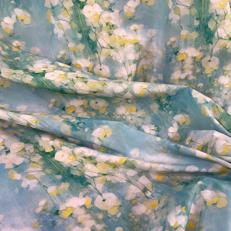 Dreamy Watercolour Blossoms Cotton Lawn - Pale Aqua/Yellow