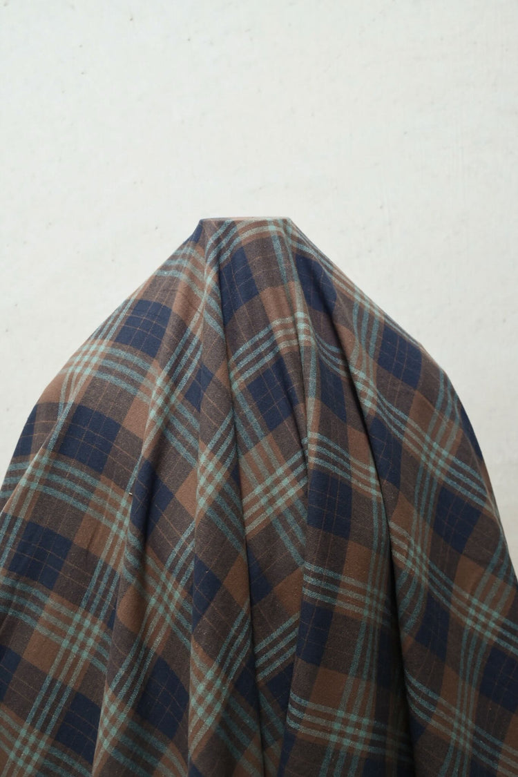 Herringbone Cotton Flannel Check - Midnight Blue/Saddle Brown