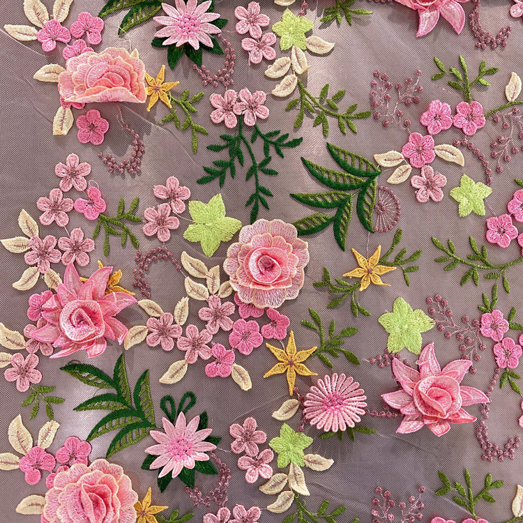 Tanti Fiori Embroidered 3D Applique Floral Tulle - Pink / Chartreuse
