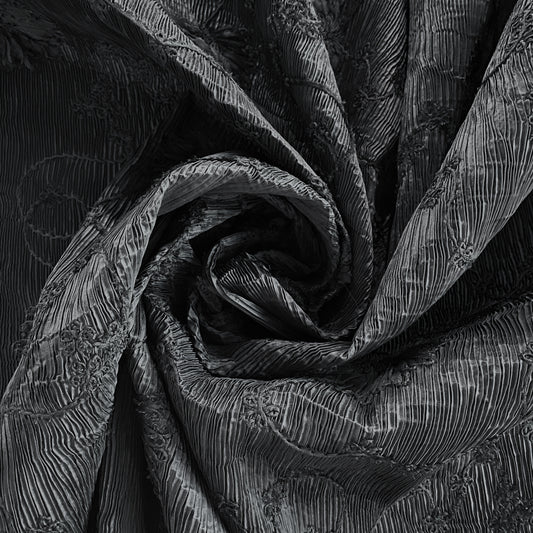 Bonded Plisse with 3D Floral Embroidery - Black
