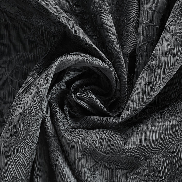 Bonded Plisse with 3D Floral Embroidery - Black