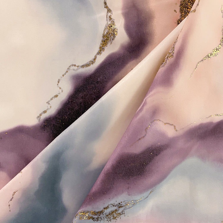 Rococo Marble Swirl Charmeuse - Steel Blue / Lavender / Gold