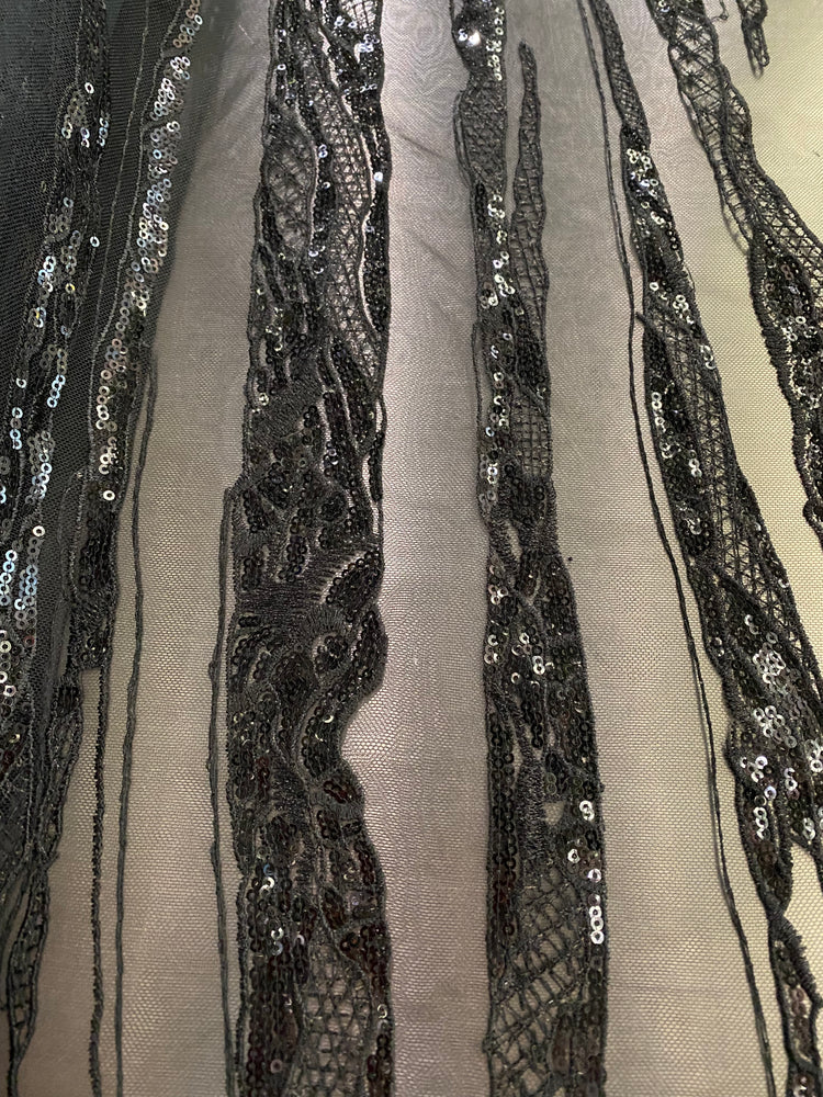 Abstract Bark - Embroidered Sequinned Netting - Black