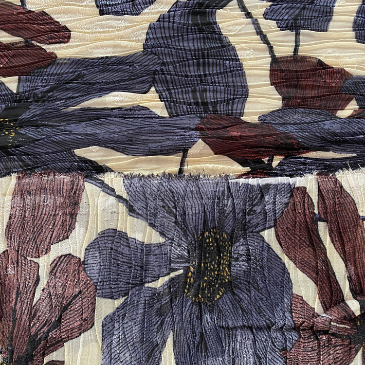 Clematis Wave Pleated Dobby Voile - Slate Blue / Bordeaux