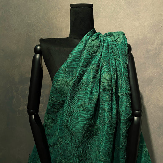 Bonded Plisse with 3D Floral Embroidery - Green / Olive Drab