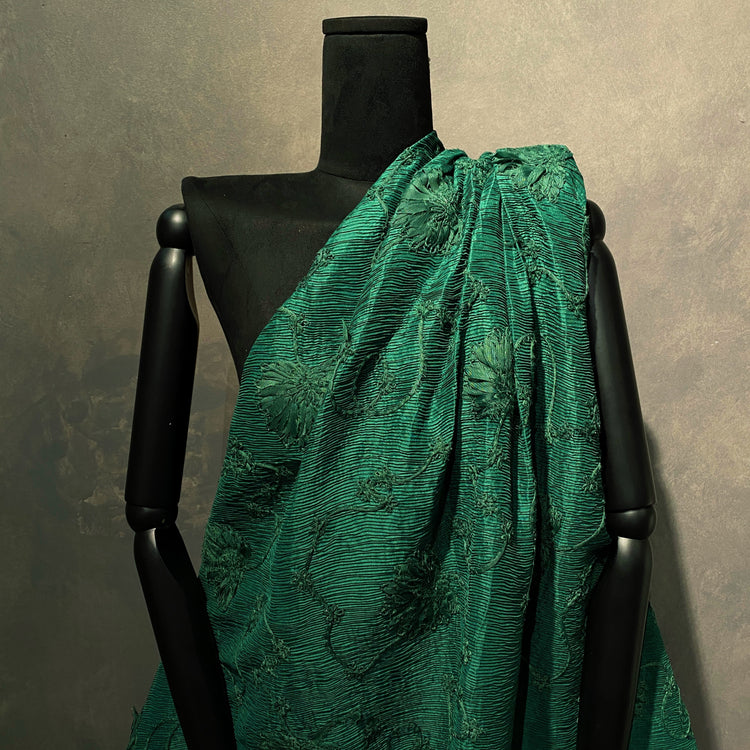 Bonded Plisse with 3D Floral Embroidery - Green / Olive Drab