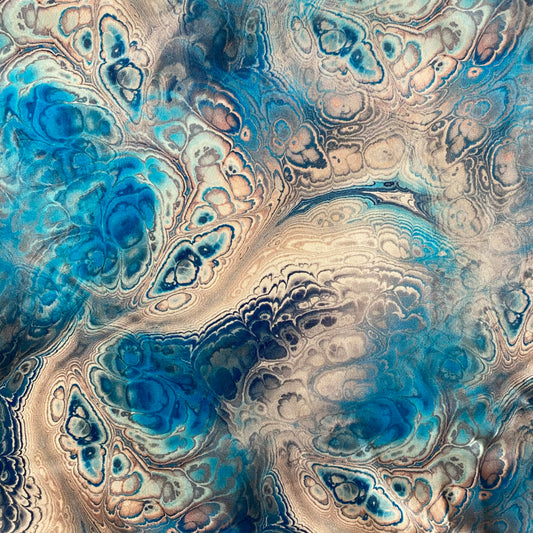 Acrylic Pour Paint Print Stretch Silk Satin - Dodger Blue